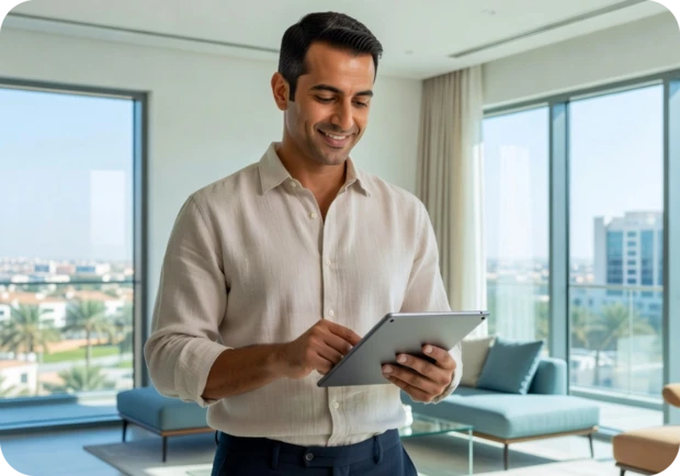 Barensen operations manager reviewing property activity on a tablet in a bright UAE apartment